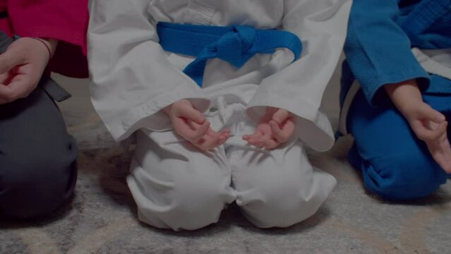 Close-up of preadolescent martial arts students in uniform and male trainer sitting in kneeling position , holding hands in mudra gesture while relaxing and meditating indoors during sport training.