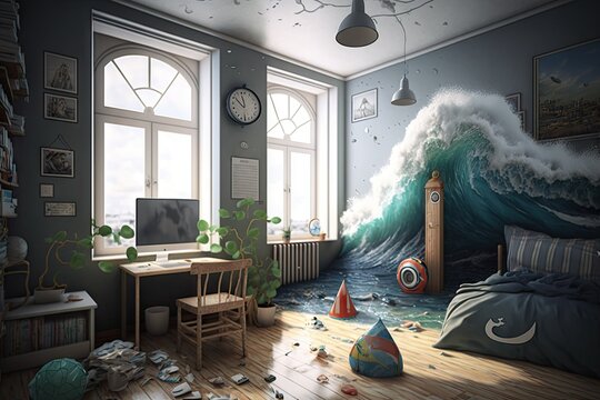 Children's Room In Apartment After Storm Flooded Flat Interior, Created With Generative Ai