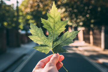 First person POV of someone holding a leaf on the street