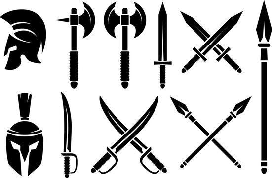 Set of icons of an ancient greek weapon. Design element for logo, label, sign, badge. Vector illustration