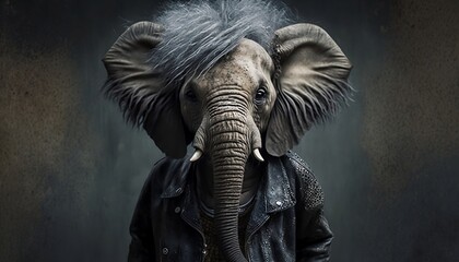 Punk animals. Elephant with punk aesthetic. Elephant dressed as punk. Elephant with punk accessories. Generated by AI.
