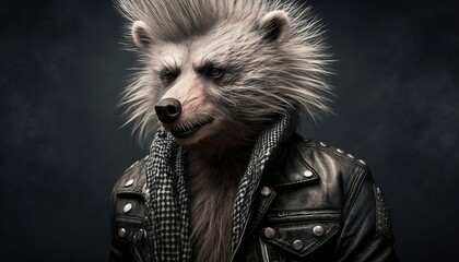 Punk animals. Bear with punk aesthetic. Bear dressed as punk. Bear with punk accessories. Generated by AI.
