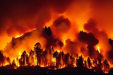 Forest fire: A forest is burning strongly. Fire and smoke can be seen everywhere.