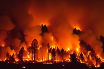Fototapeta na wymiar Forest fire: A forest is burning strongly. Fire and smoke can be seen everywhere.