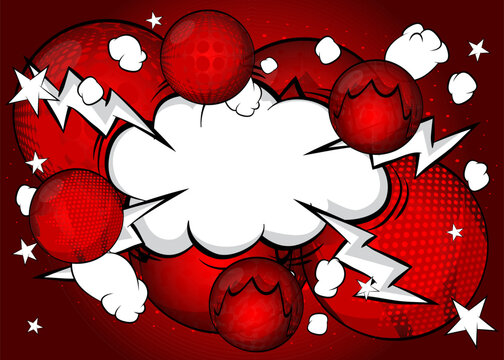Red and white comic book poster with spheres. Comics Presentation with Advertising space, abstract background. Retro pop art style.