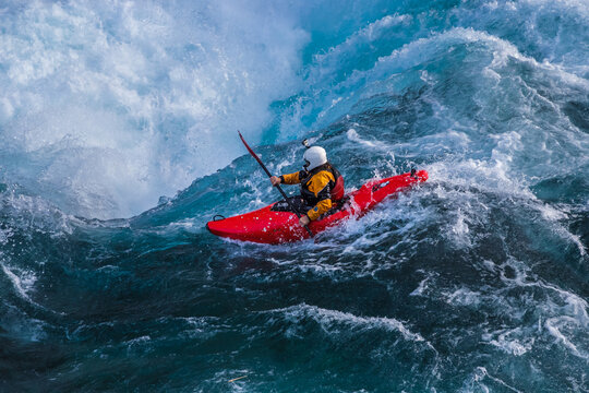 Kayaker descending the Futaleufu River, a class 5 river in Patagonia
