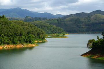 Landscape nature Bang Lang Dam at Tok Ku Chae Bridge is green nature reservoir and mouton hill background - unseen at betong yala Thailand - famous park and travel in betong 