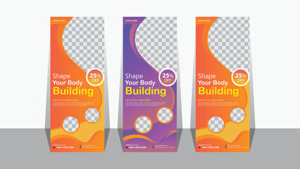 Build your body strong Fitness gym business standee x rollup banner design with three variant vector template