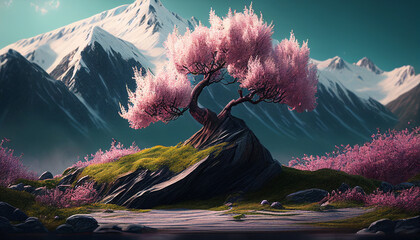 A Picture-Perfect Spring Day: A Snowy Mountain Range and a Beautiful Blooming Sakura Tree. Generative Ai