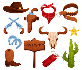 Cartoon wild west elements. Sheriff badge, revolver gun and hat. Western America cactus, dynamite and buffalo skull vector illustration set