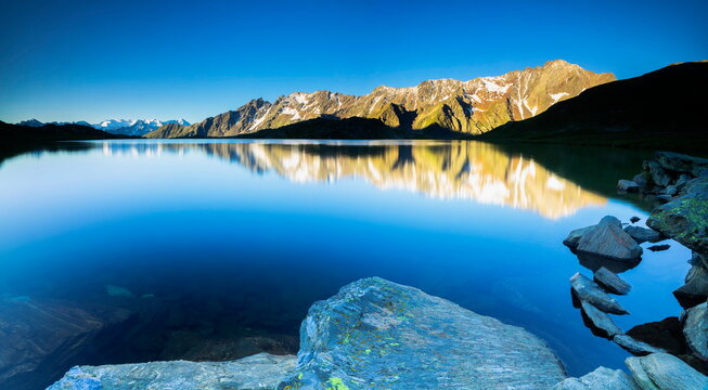 Panoramic of Lago Nero at dawn, Passo Gavia, Italy