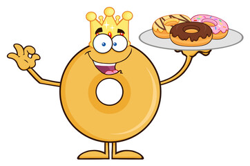 King Donut Cartoon Character Serving Donuts. Hand Drawn Illustration Isolated On Transparent Background