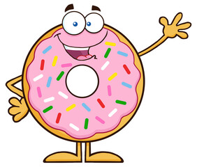 Sweet Donut Cartoon Character With Sprinkles Waving. Hand Drawn Illustration Isolated On Transparent Background
