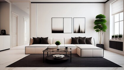 This is an image of a minimalist living room with a cozy beige couch as the focal point. The overall look is simple yet stylish, with clean lines and a neutral color scheme.
