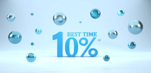 3D Rendering. 10 percent off with bubble ball and blue background. Special Offer 10% Discount Tag. Super sale offer and best seller.