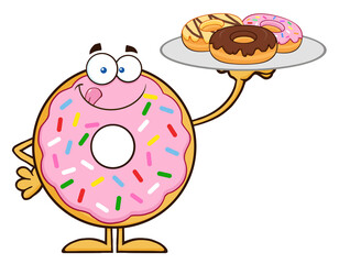 Sweet Donut Cartoon Character Serving Donuts. Hand Drawn Illustration Isolated On Transparent Background