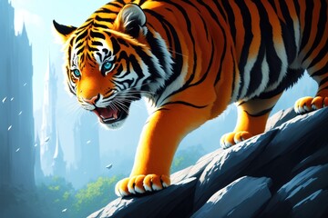 Digital painting of Beautiful tiger relaxing on warm day, Colorful magic tiger, cartoon style drawing, generative ai art illustration