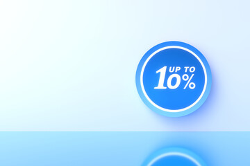 3D Rendering. 10 percent off with freespace for texting on pastel blue background. Special Offer 10% Discount Tag. Super sale offer and best seller.