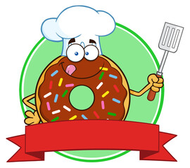 Chocolate Chef Donut Cartoon Character With Sprinkles Circle Label. Hand Drawn Illustration Isolated On Transparent Background