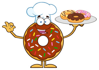 Chef Chocolate Donut Cartoon Character Serving Donuts. Hand Drawn Illustration Isolated On Transparent Background