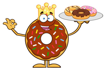 King Chocolate Donut Cartoon Character Serving Donuts. Hand Drawn Illustration Isolated On Transparent Background