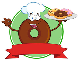 Chef Chocolate Donut Cartoon Character Serving Donuts Circle Label. Hand Drawn Illustration Isolated On Transparent Background