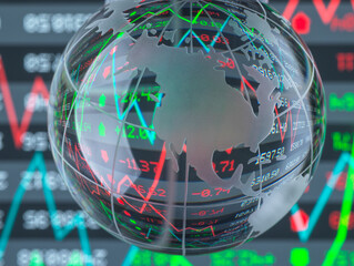 Reflection of financial numbers and graph on glass globe