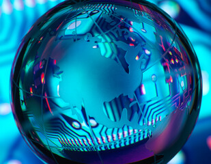 Reflection of mother board on globe