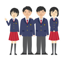 赤系のブレザー制服を着て集まる高校生たち
