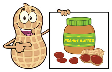 Funny Peanut Cartoon Mascot Character Showing A Banner With Peanut Butter Jar. Hand Drawn Illustration Isolated On Transparent Background