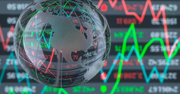 Reflection of graph and financial numbers on glass globe