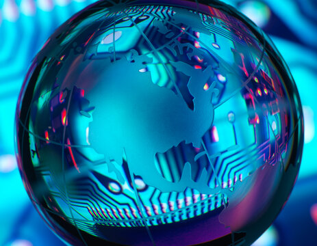 Reflection of mother board on globe