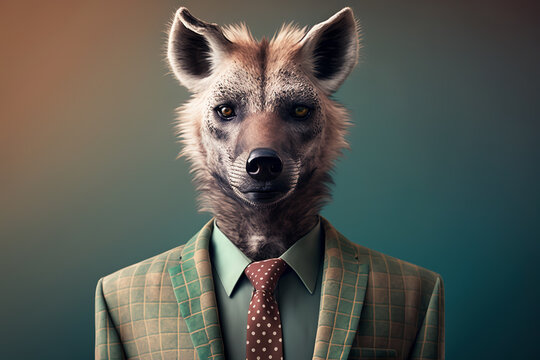 Portrait of a hyena dressed in a formal business suit, character, generative ai