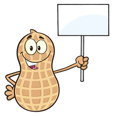 Funny Peanut Cartoon Mascot Character Holding Up A Blank Sign. Hand Drawn Illustration Isolated On Transparent Background