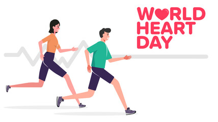 Vector illustration World Heart Day Background, health care awareness. People running for disease prevention, World heart day with red heart and world sign vector design, Worl Heart Day poster Slogan