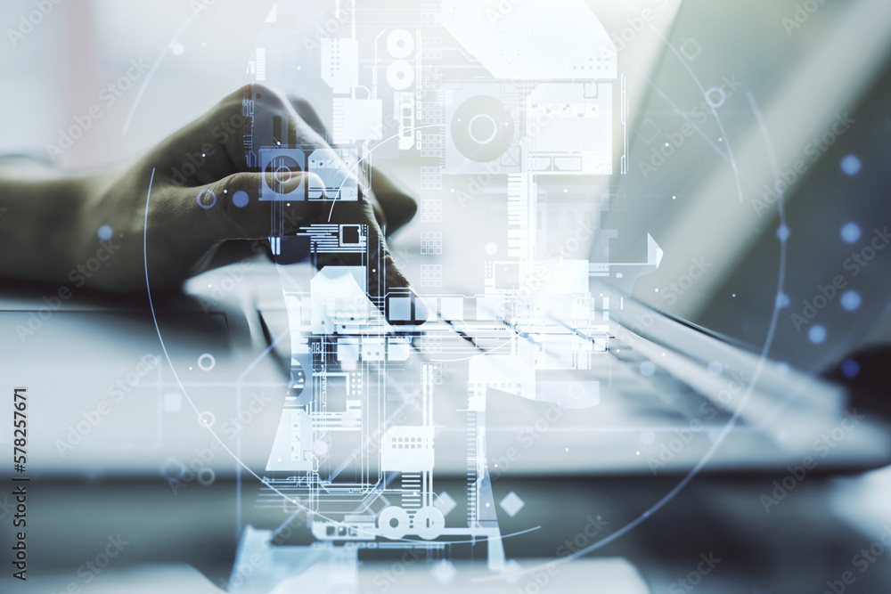 Poster double exposure of creative artificial intelligence symbol with hands typing on laptop on background