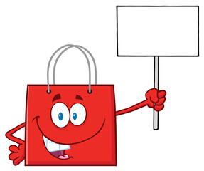 Obraz na płótnie Canvas Red Shopping Bag Cartoon Character Holding Up A Blank Sign. Hand Drawn Illustration Isolated On Transparent Background