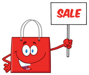 Obraz na płótnie Canvas Red Shopping Bag Cartoon Character Holding Up A Blank Sign With Text. Hand Drawn Illustration Isolated On Transparent Background