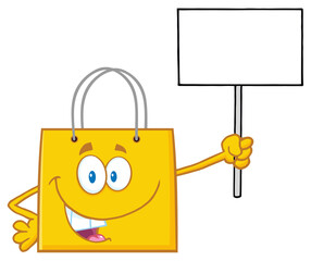 Yellow Shopping Bag Cartoon Character Holding Up A Blank Sign. Hand Drawn Illustration Isolated On Transparent Background