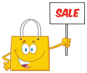 Obraz na płótnie Canvas Yellow Shopping Bag Cartoon Character Holding Up A Blank Sign With Text. Hand Drawn Illustration Isolated On Transparent Background