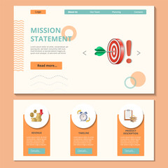 Mission statement flat landing page website template. Revenue, timeline, product discription. Web banner with header, content and footer. Vector illustration.