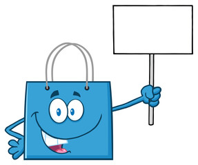 Obraz na płótnie Canvas Blue Shopping Bag Cartoon Character Holding Up A Blank Sign. Hand Drawn Illustration Isolated On Transparent Background