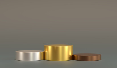 gold, silver, copper cylinder podiums, shiny geometric, round realistic pedestal, cosmetic showcase, template, copy space, advertising, product display, 3D Rendering, victory podiums