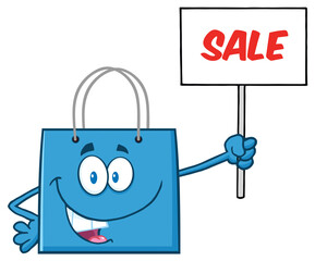 Obraz na płótnie Canvas Blue Shopping Bag Cartoon Character Holding Up A Blank Sign With Text. Hand Drawn Illustration Isolated On Transparent Background