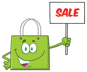 Obraz na płótnie Canvas Green Shopping Bag Cartoon Character Holding Up A Blank Sign With Text. Hand Drawn Illustration Isolated On Transparent Background