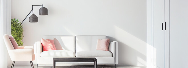 Simple living room interior with copy space on white wall. Wide angle format banner, Generative AI