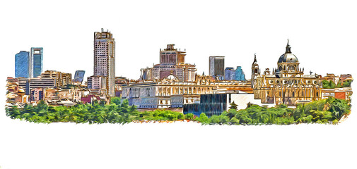 Madrid, Spain downtown skyline, color sketch illustration isolated on white background. - obrazy, fototapety, plakaty