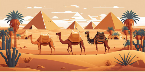 Egypt pyramids, cheops kefren and menkaure with camels in vector image - obrazy, fototapety, plakaty