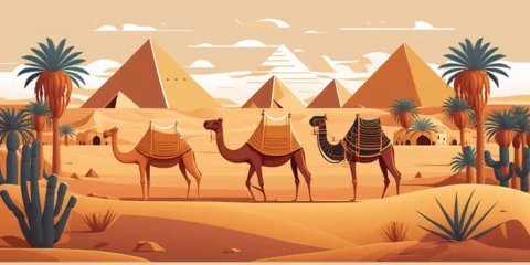 Foto op Canvas Egypt pyramids, cheops kefren and menkaure with camels in vector image © divo