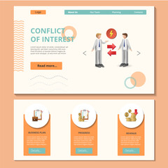 Conflict of interest flat landing page website template. Business plan, progress, revenue. Web banner with header, content and footer. Vector illustration.